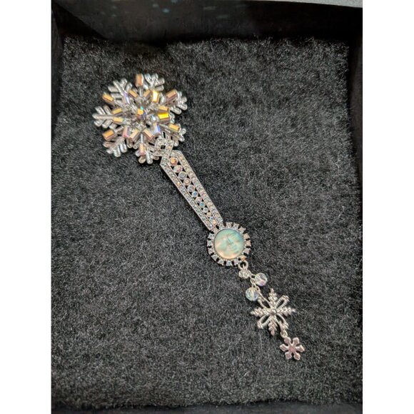 Kirks Folly Snowflake Brooch With Moon Face Rhinestones & Dangling Charms - Picture 1 of 11